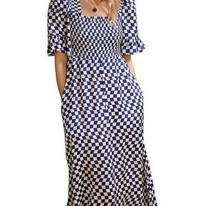 Kitri Arabella Navy Checkered Shirred Dress